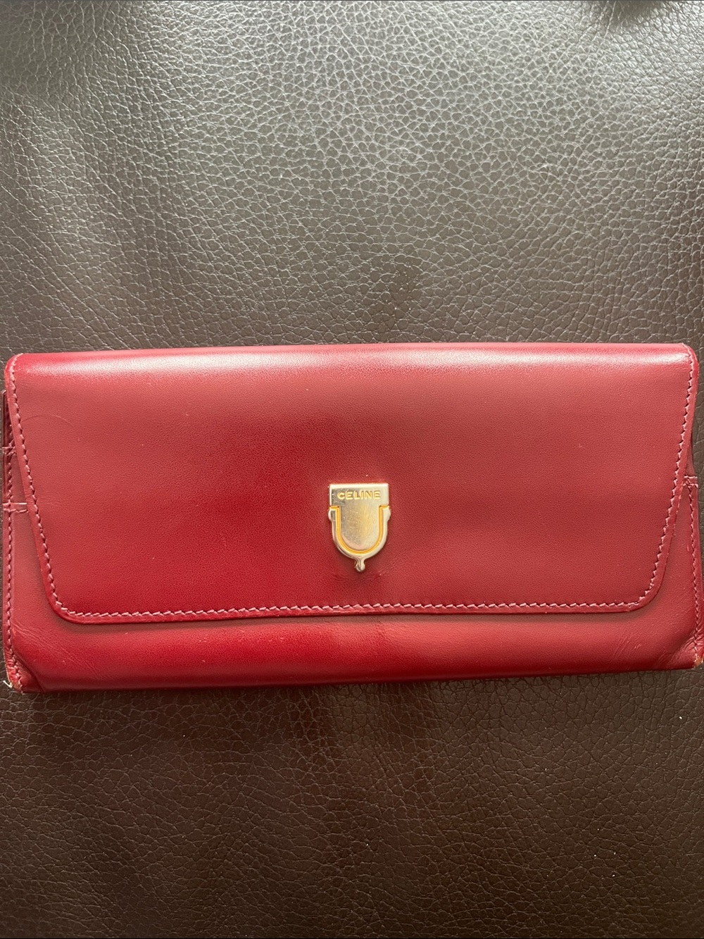 Celine Burgundy Leather Wallet with Gold Emblem